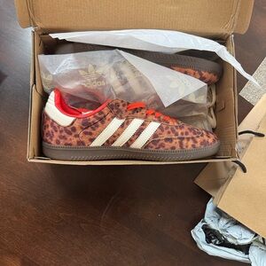 Adidas Leopard Print Athletic Shoes with Red Accents